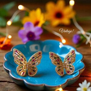 Vintage Gold And Crystal Butterfly Earrings GARDEN GIRL!